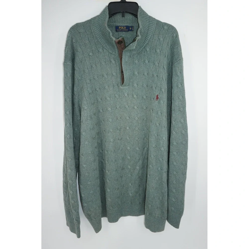 Polo Ralph Lauren Sweater Men's 2XB Big Green Cable Knit Silk Mock Neck Pullover